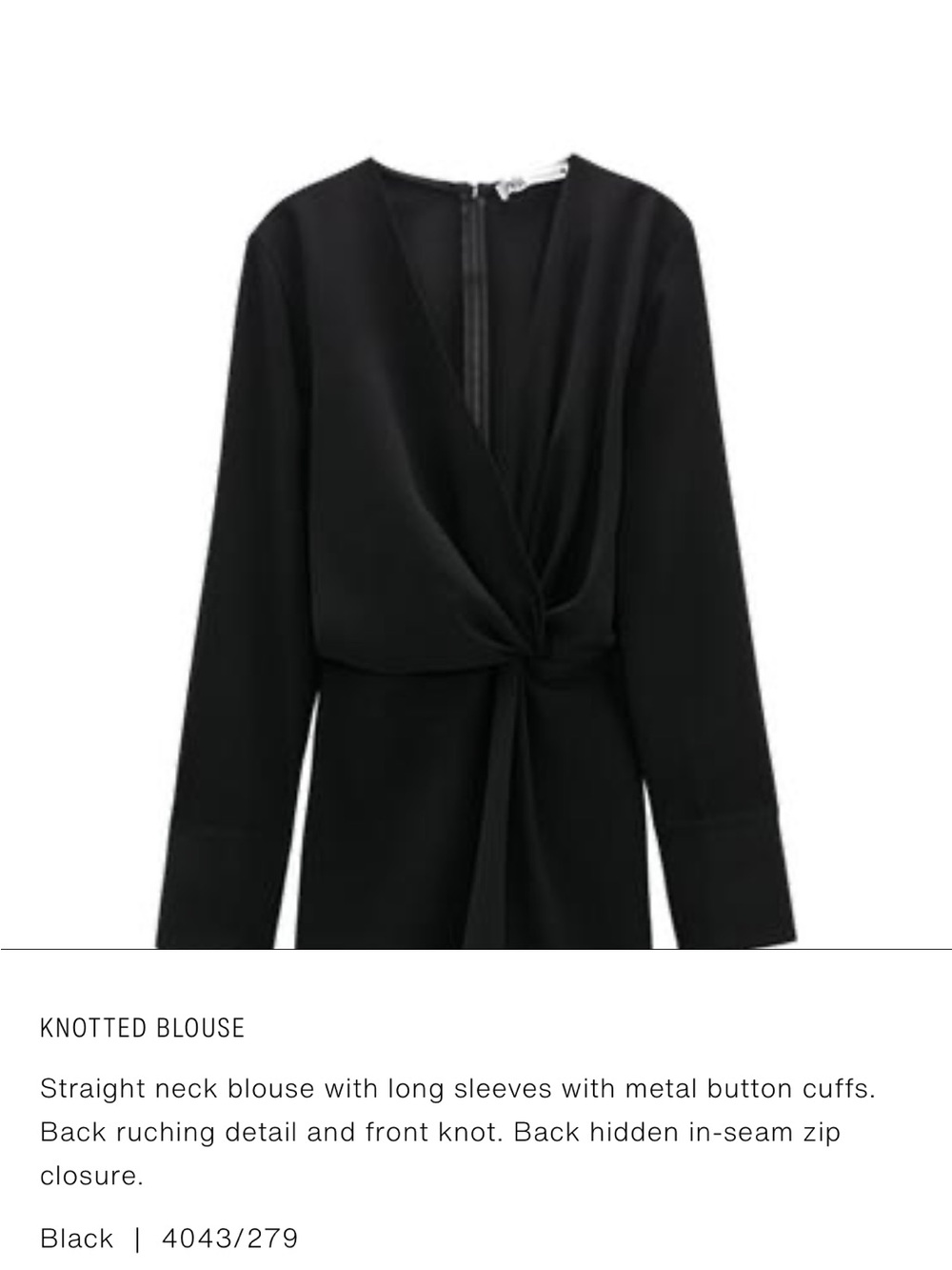 Zara Knotted Black Long-Sleeve Blouse